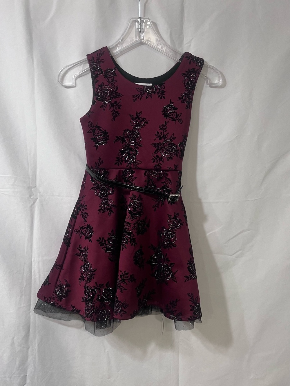 Beautees Burgundy and Black Floral Velvet Party Dress